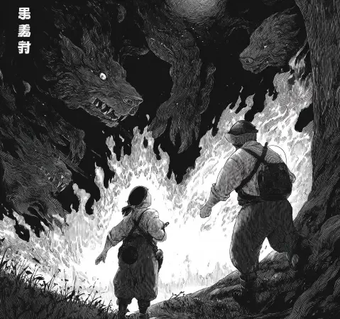 冒险题材漫画封面，少年在山脉前眺望